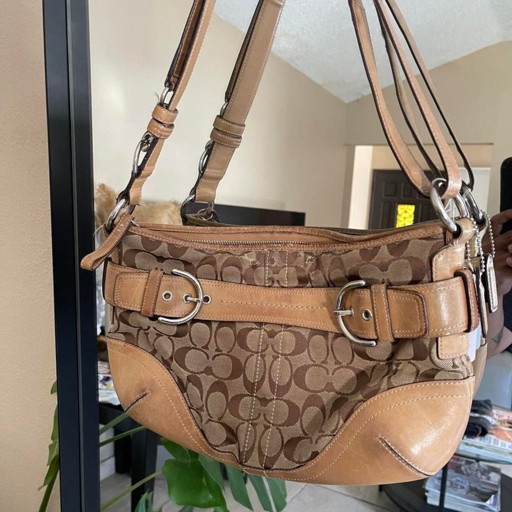 Vintage Coach Brown Monogram & Leather SoHo Shoulder Bag with Adjustable Straps